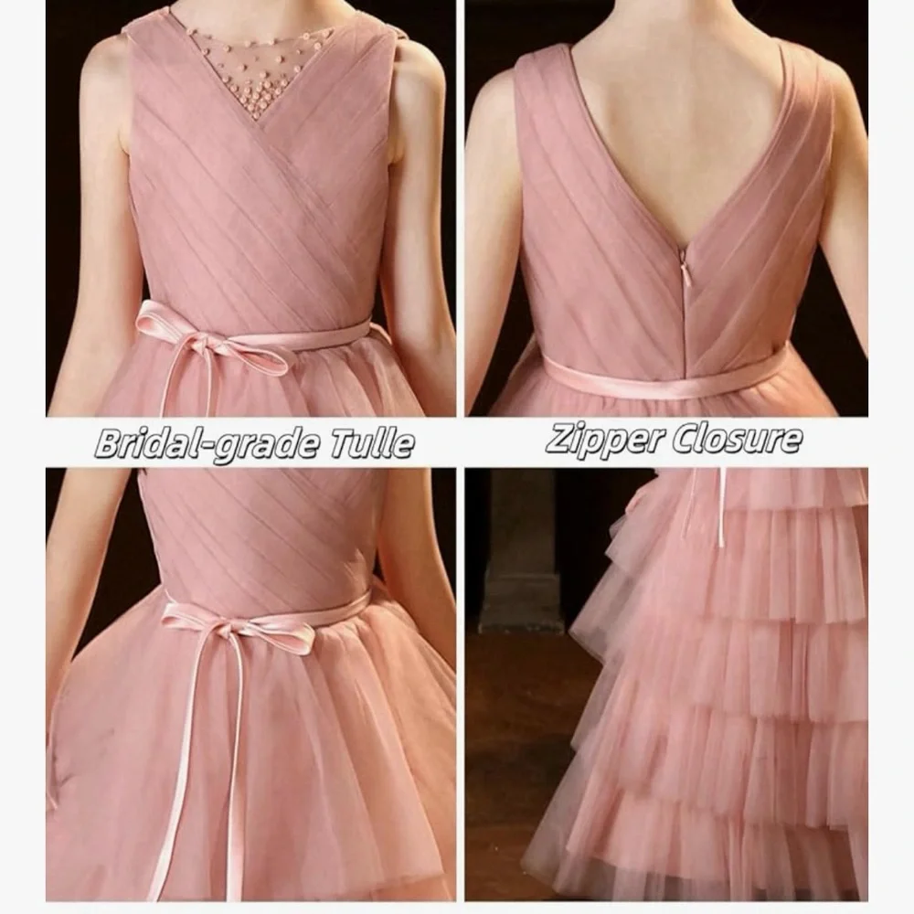 NWT Layered Tulle Flower Girl Dress with Belt Size 6 Ivory